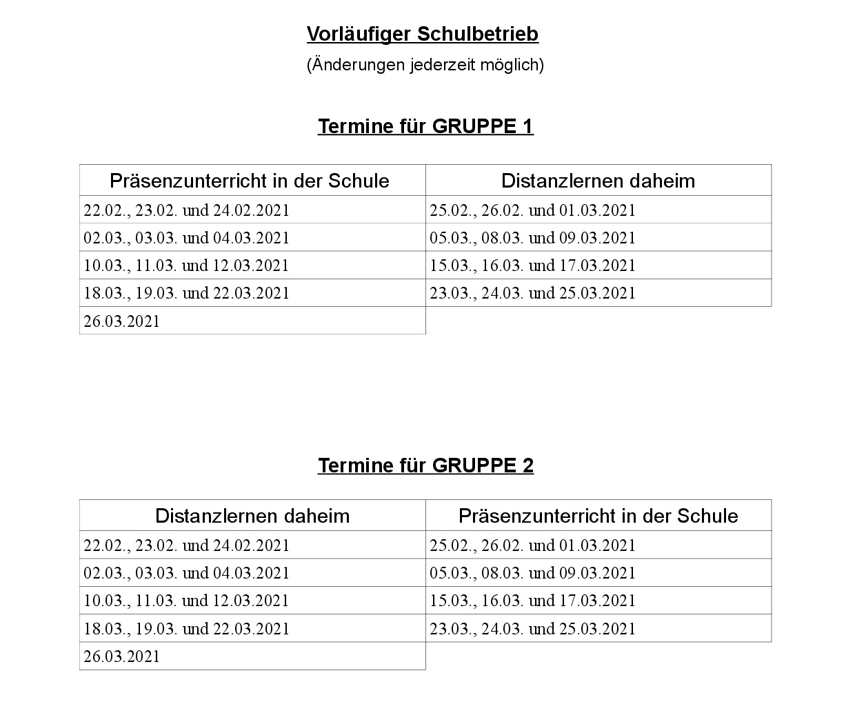 Termine Für Die Gruppen 1 Und 2